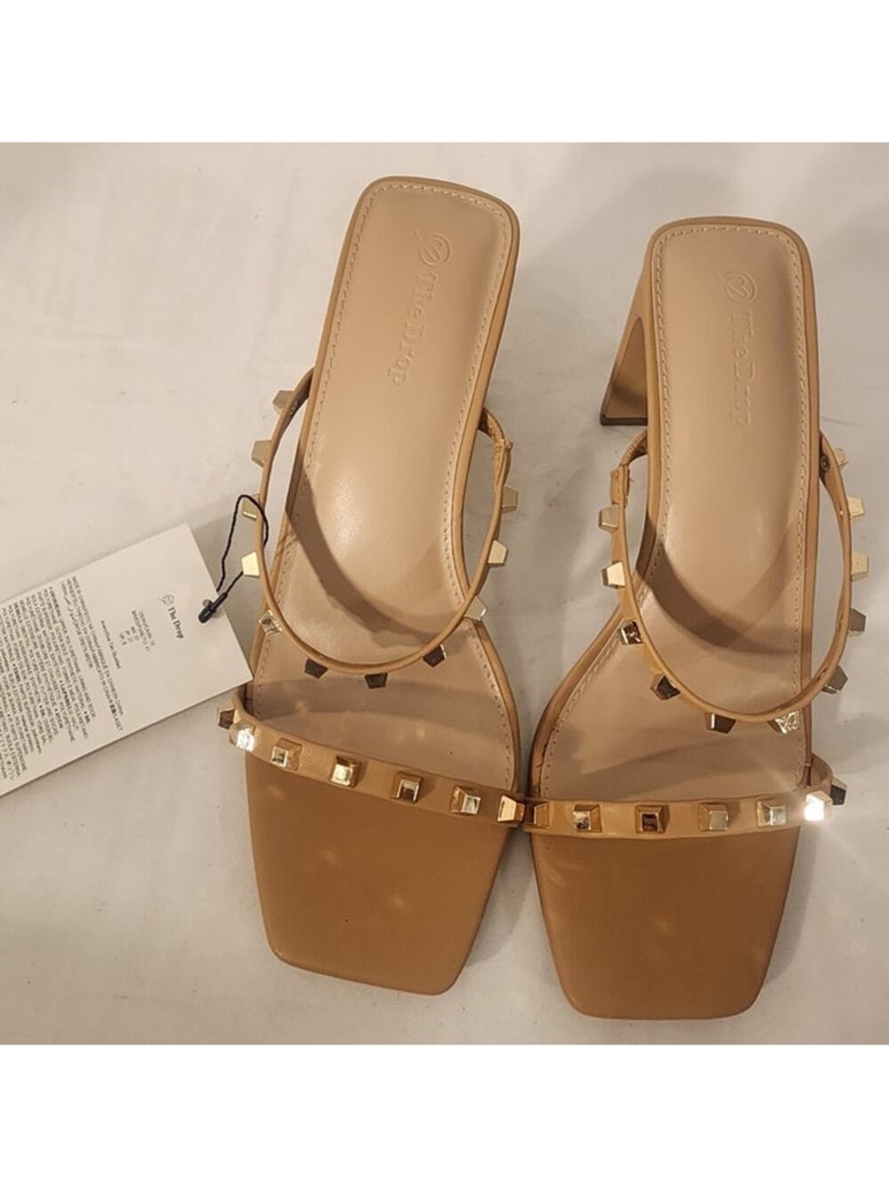 The Drop Avery Doe Tan Studded Sandals Size 10 – 3.5" Heel – New